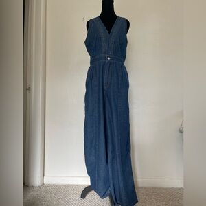 Sleeveless V-Neck Wide Leg Denim Jumpsuit - Size Small
